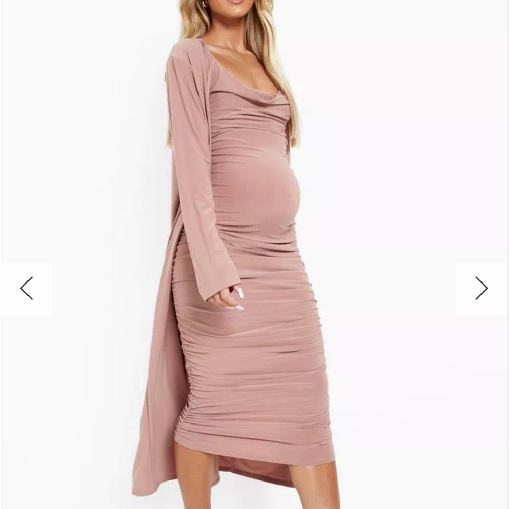 Rose maternity strappy cowl neck dress and duster coat